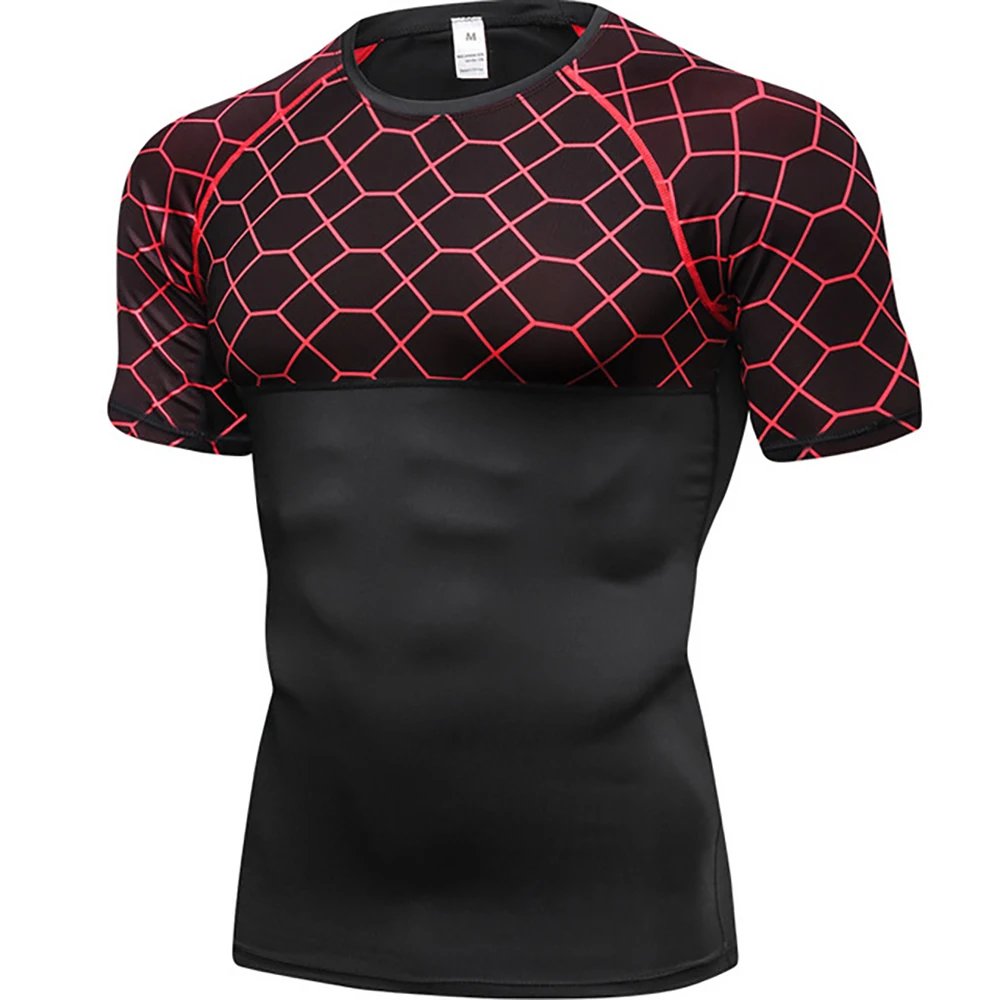 Men Compression T-shirt  Dry Fit T Shirt Print Patchwork Gym Clothing Fitness Exercise Running Training Sports Solid Shirt MMA