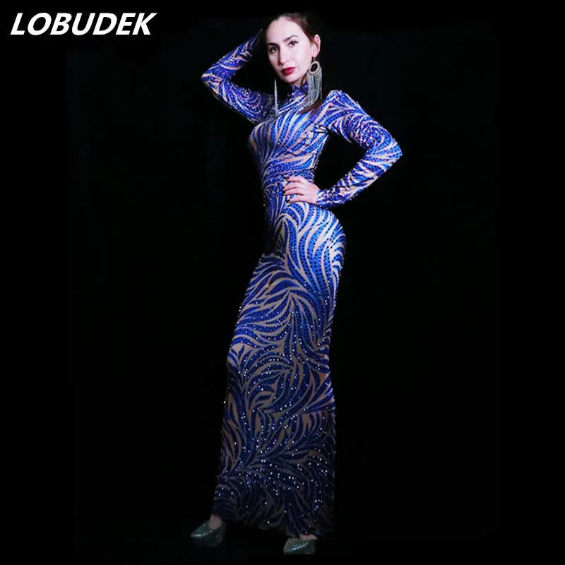 

Роскошное синее облегающее платье стразы с длинным рукавом женское платье для празднования дня рождения официальный наряд для выпускного вечера женский костюм для сцены