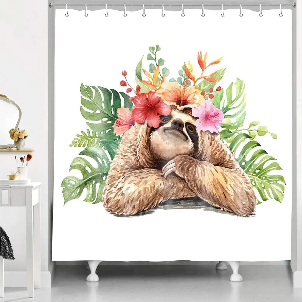 

Watercolo Sloth Shower Curtain Tropical Palm Leaves Flower Cute Animal Bath Curtains Waterproo Cloth Bathroom with Hooks Decor