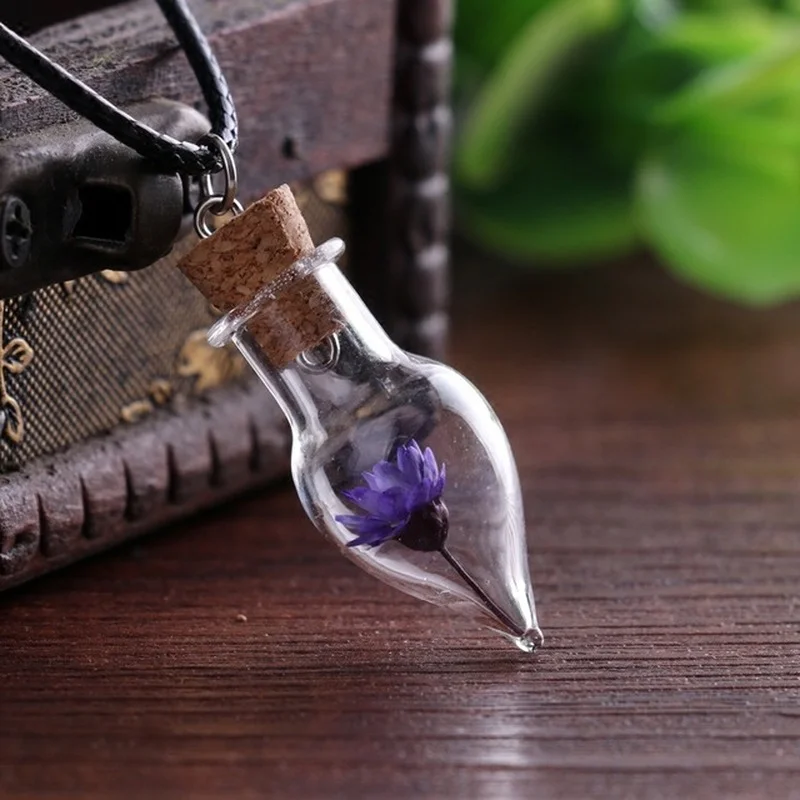 

Handmade DIY Glass Jewelry Natural Small Daisy Dried Flower Necklace Female Dandelion dDrop-shaped Glass Bottle Necklace