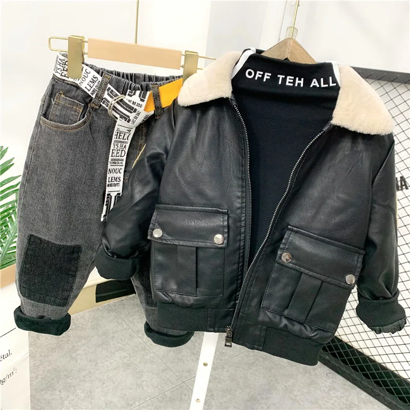 Boys Clothing Set Boys Warm Faux Leather Coat +Plush T-Shirts +Thickened Jeans 3pcs Boys Set Winter Children's Suits 2-6years