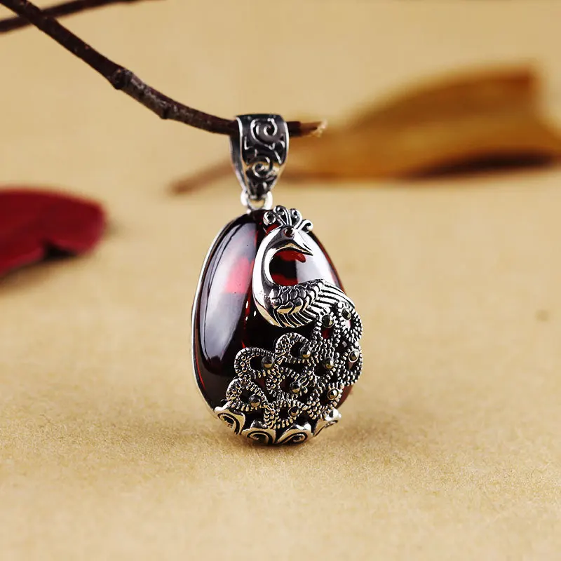 

Real Pure Silver 925 Jewelry Peacock Pendant For Women With Garnet Gemstones Personalized Amulets And Talismans