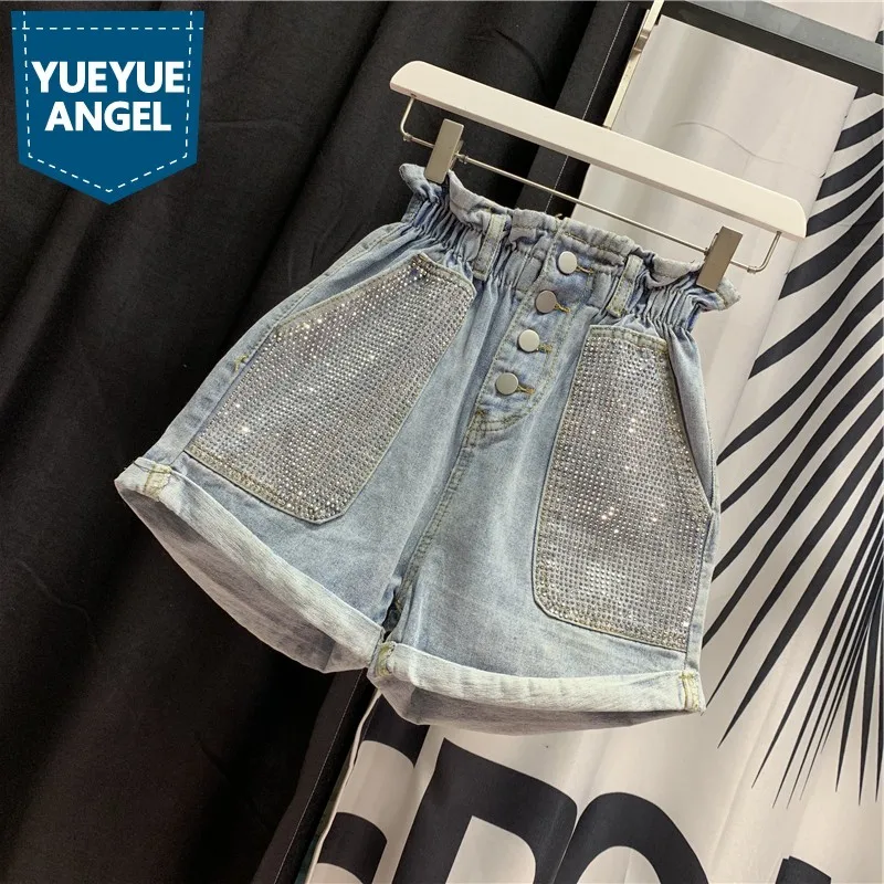 

Шорты женские джинсовые с завышенной талией, модные повседневные свободные с бриллиантами, уличная одежда с эластичным поясом, большие раз...