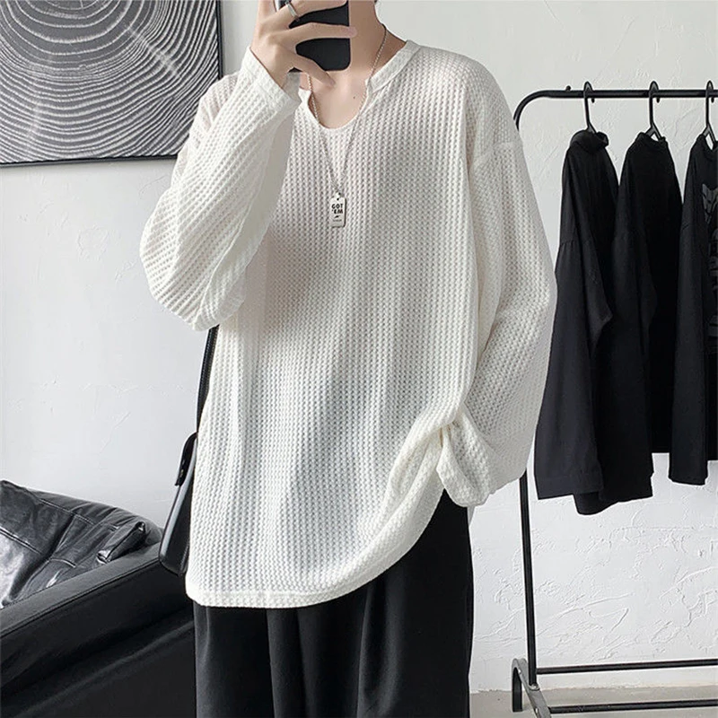 

Autumn Waffle Plaid V Neck Long Sleeve Men Tshirts Loose Oversize Fashion White Black Brown Split Fork Top Breathable Streetwear