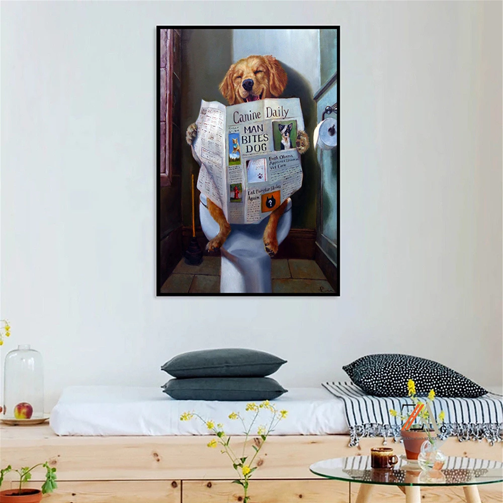 

Canvas Painting Funny Animal Smile Dog Read Newspaper on Wall Art Posters and Prints Picture for Bathroom Toilet Home Decoration