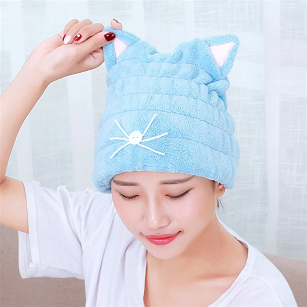 

Lovely Cat Soft Drying Towel Bath Strong Absorbing Quick Dry Hair Hat Cap Microfiber Shower Coral Velvet Hair Drying Wrap Towel