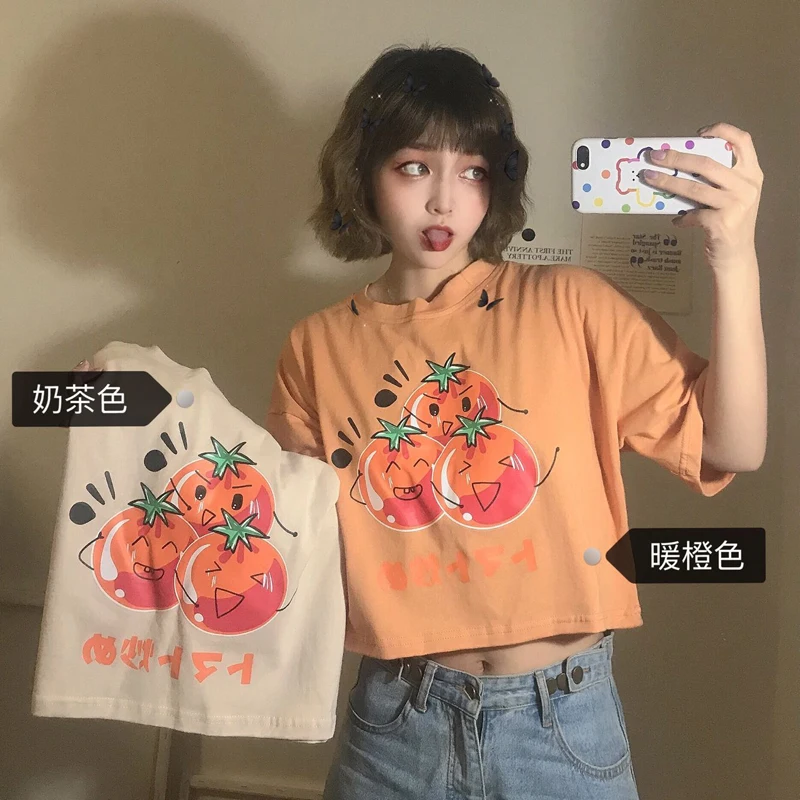 Женская футболка Kawaii Ulzzang туника с забавным мультяшным принтом короткая Топ