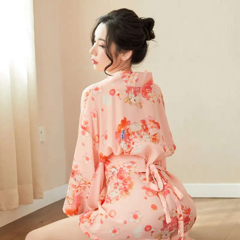 

Japanese Kimono Bathrobe Sexy Pajamas Underwear Uniform Temptation Female Sleepwear Silk Robes for Women Kimono Satin Robe