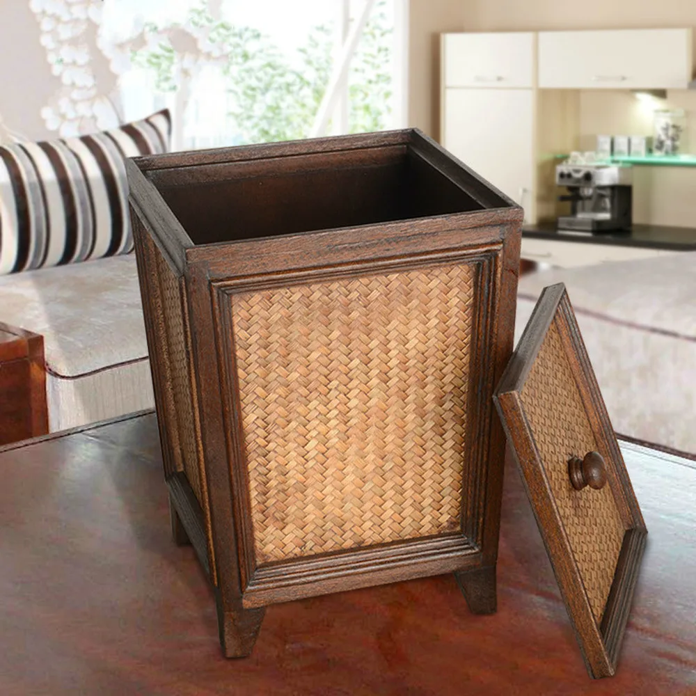 

Free shipping Thai retro rattan paper large with lid living room kitchen home creative Chinese wooden trash can with lid