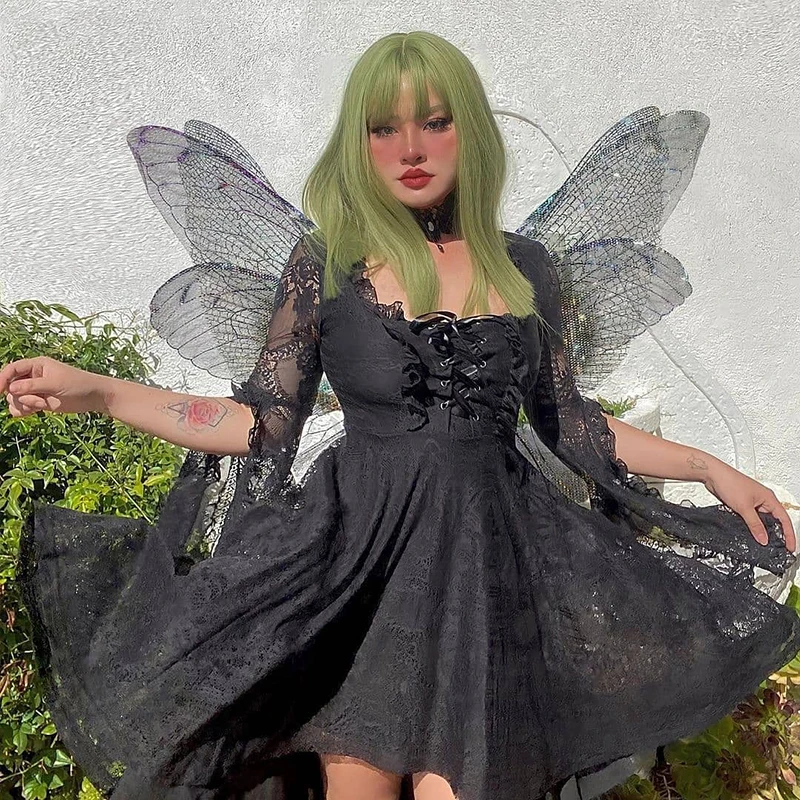 

Summer Gothic Dark Academia Dress Aesthetic Elegance Vintage Lace Bandage Patchwork Women Mini Dress Square Collar Y2k Clothing