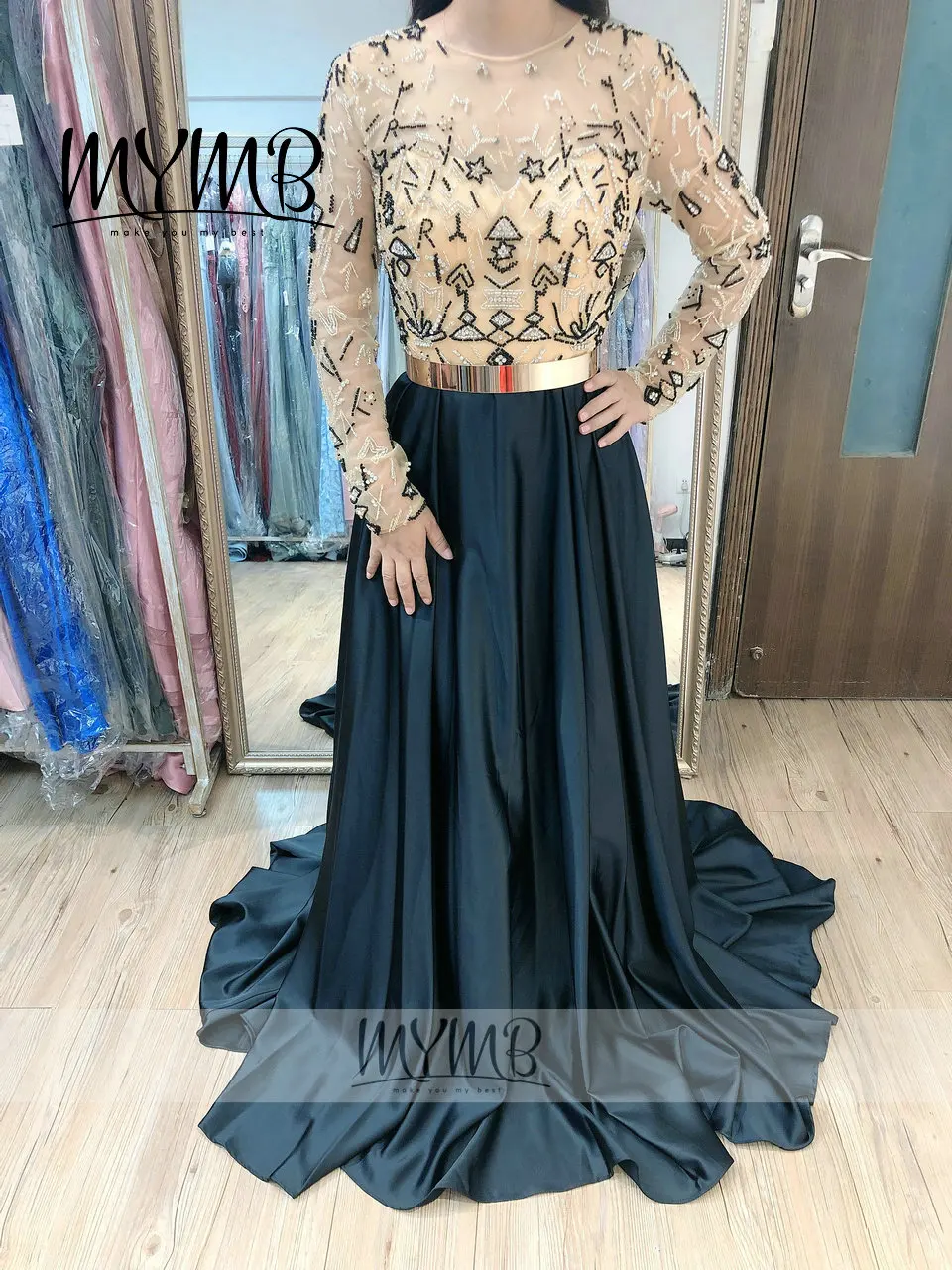 

Amazing Round Neck Beading Couture Hijab Muslim Evening Gown MYMB Long Sleeve Wedding Dresses MY41122