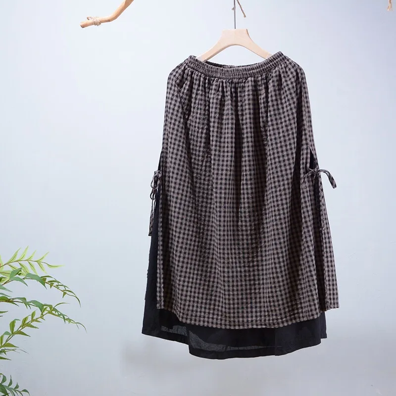 

Женская клетчатая юбка из хлопка и льна, свободная юбка в японском стиле, с поясом на резинке, ZZ3918, весна-осень 2021