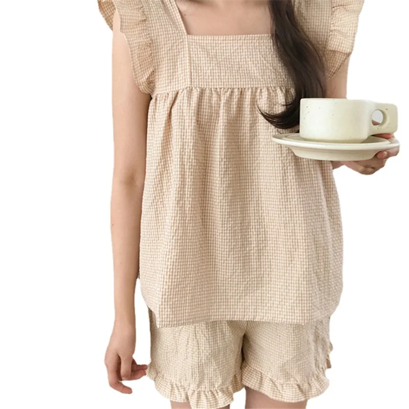 Cotton lotus edge sweet sling skirt Korean summer Plaid nightdress women lovely home dress lady nightgown Female sleepwear