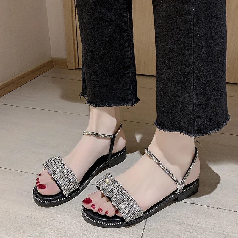 

2021 Sandals Slip-on Loafers Summer Women's Block Heels Suit Female Beige Clear Shoes New Elastic Band Chunky Rhinestone Gladia