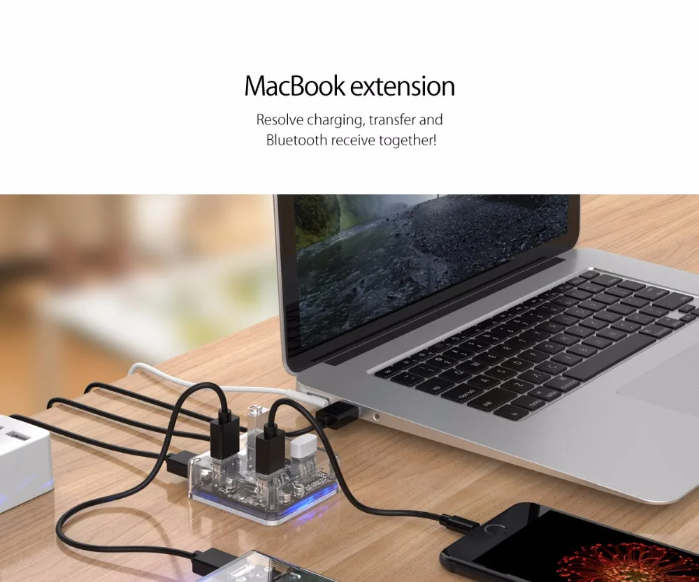 ORICO, 4 порта, USB 3,0, прозрачный Настольный концентратор, адаптер, высокоскоростной USB разветвитель, поддержка OTG с интерфейсом питания Micro USB