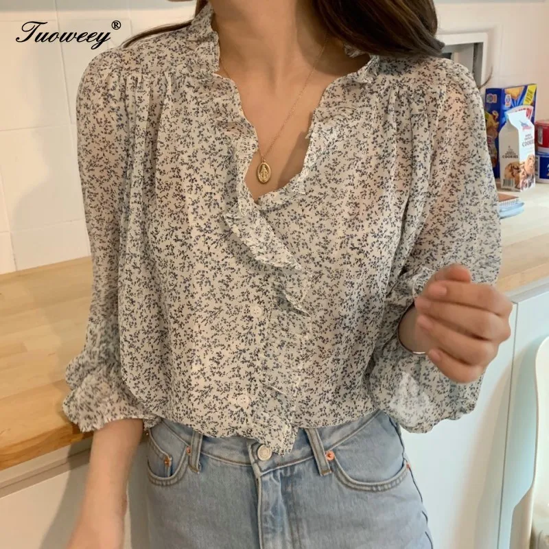 

Floral Print Ruffles Off Shoulder Chiffon Blouse for Women flower Print Bow Neck Chiffon Shirt Ladies Summer Tops