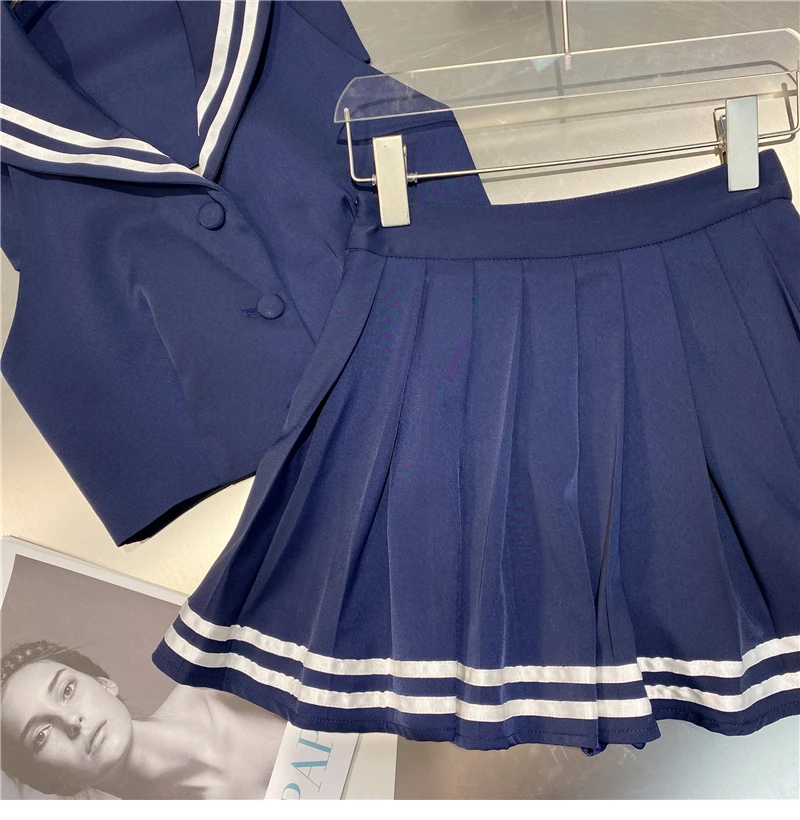 

2021 Korean Fashion Women's Dress Sets Navy Style Sexy Backless Sleeveless Top+High Waist Slimming and Short Pleated Skirt