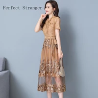 high quality 2021 summer dress for women v collar floral embroidery short sleeve women lace long dress