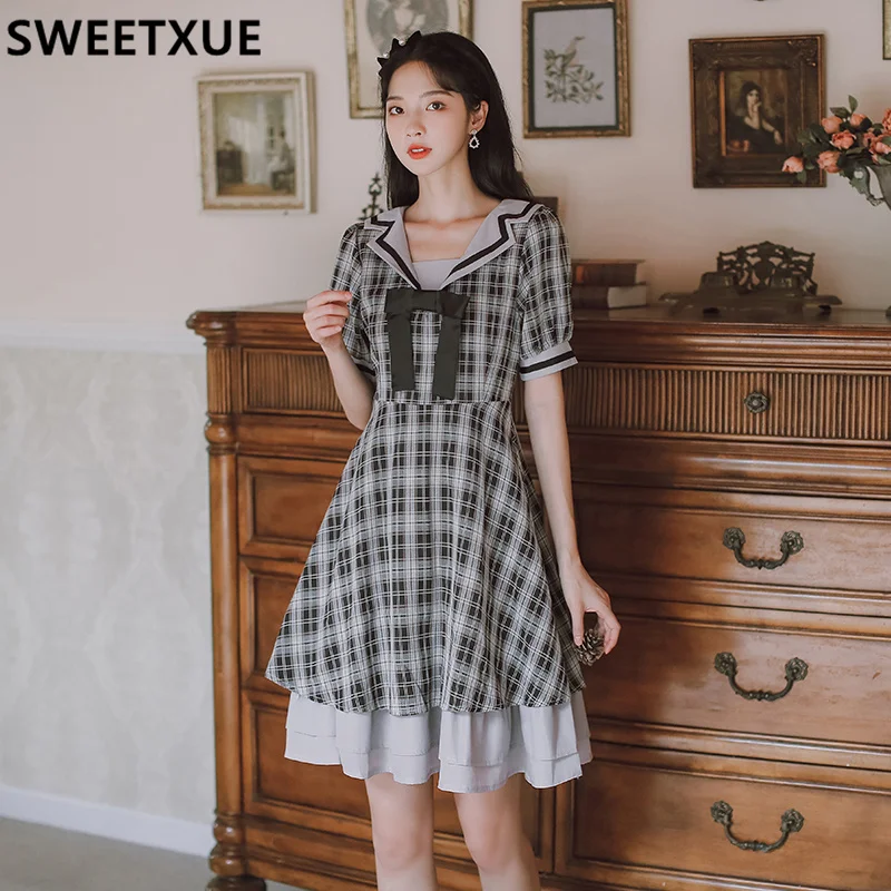 Милое японское платье SWEETXUE в стиле преппи женское милое лолита с бантом и