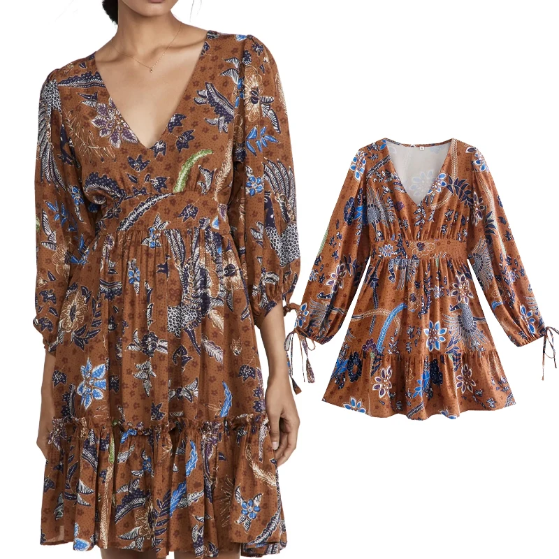 

Женское свободное мини-платье Za, элегантное винтажное Повседневное платье с цветочным принтом и V-образным вырезом, на шнуровке, с длинным р...