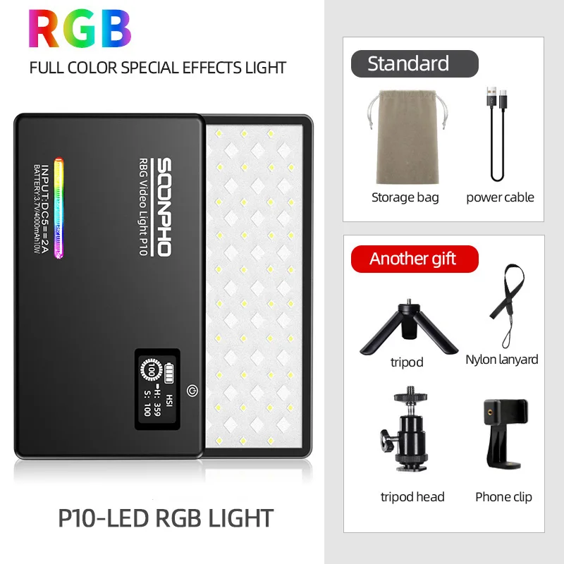 Soonpho P10 8W 2500K 8500K CRI 95 + RGB светодиодный светильник для видео 4000mAh Встроенный