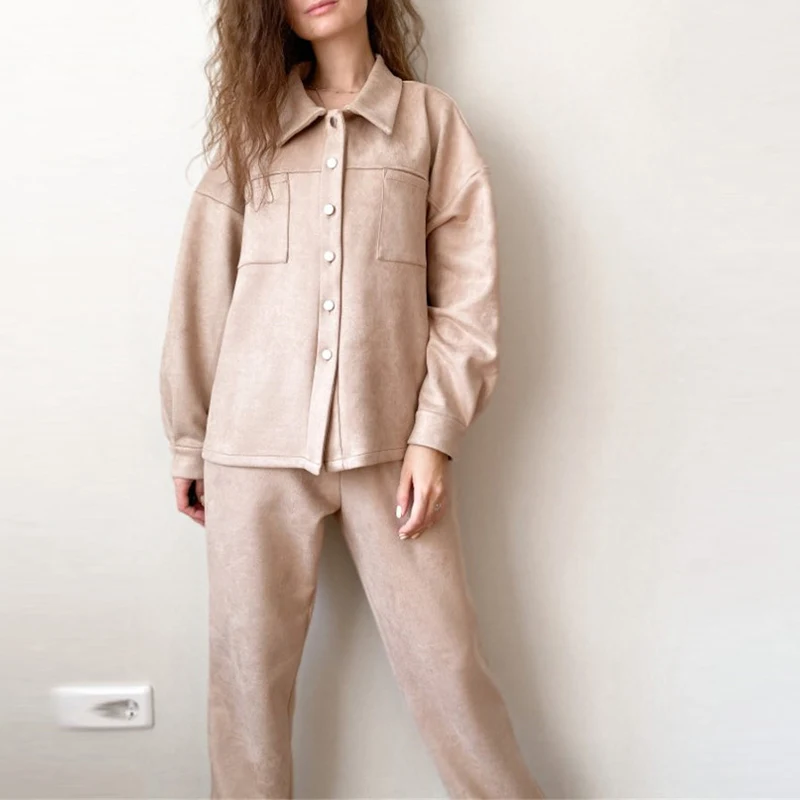 

Fashion Women's Solid Shirts Long Pants Suits Single-Breasted Shirt Female Pants Two Piece Set Simple Casual 2021 Autumn Trendy