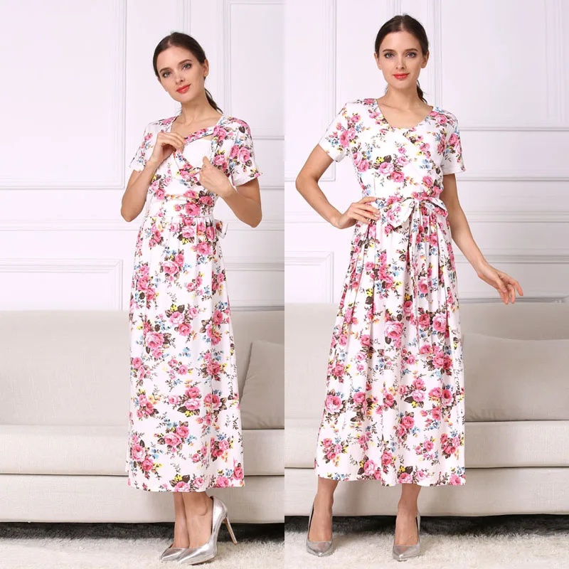 

NEW Floral Cotton Blend Maternity Clothes for Pregnant Women Lactation Dress Long Breastfeeding Dresses