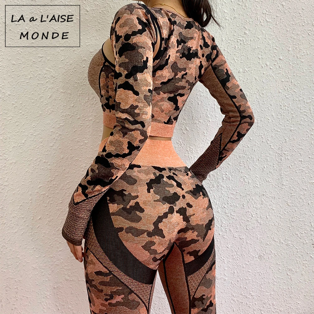 Женский костюм для йоги из 2 предметов бесшовный с длинным рукавом