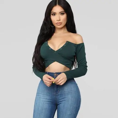 Укороченные топы с длинным рукавом модные футболки открытыми плечами для