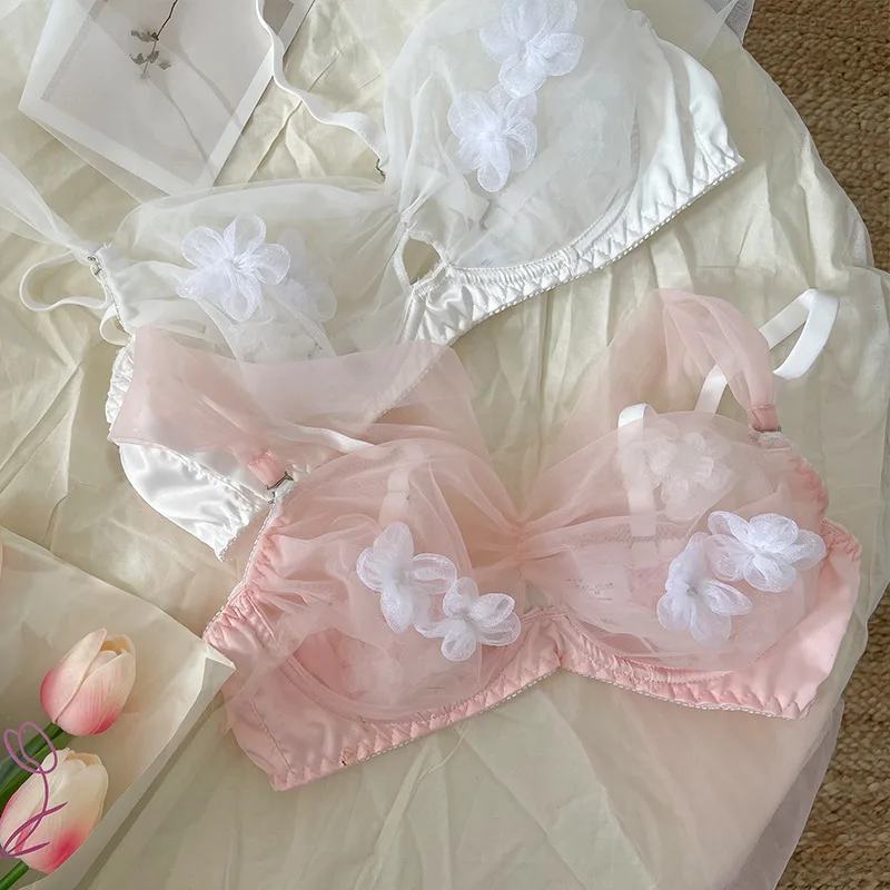 

Sexy mesh bra briefs set thin sweet and elegant girl underwear bralette large size women summer lingerie panty