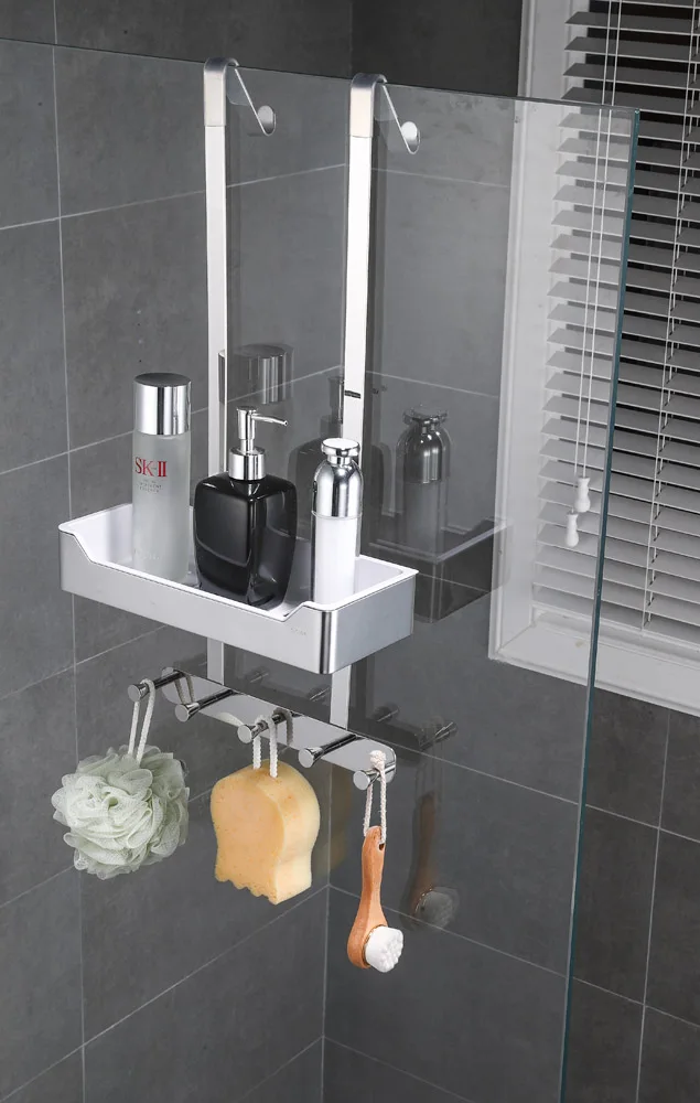 Shower Door 1 Tier B Нержавеющая сталь 304, Современная полка для ванной комнаты, съемная ABS пластиковая угловая настенная полка, держатель для ванной, стойка с крючками - Цвет: Shower Door 1 Tier B