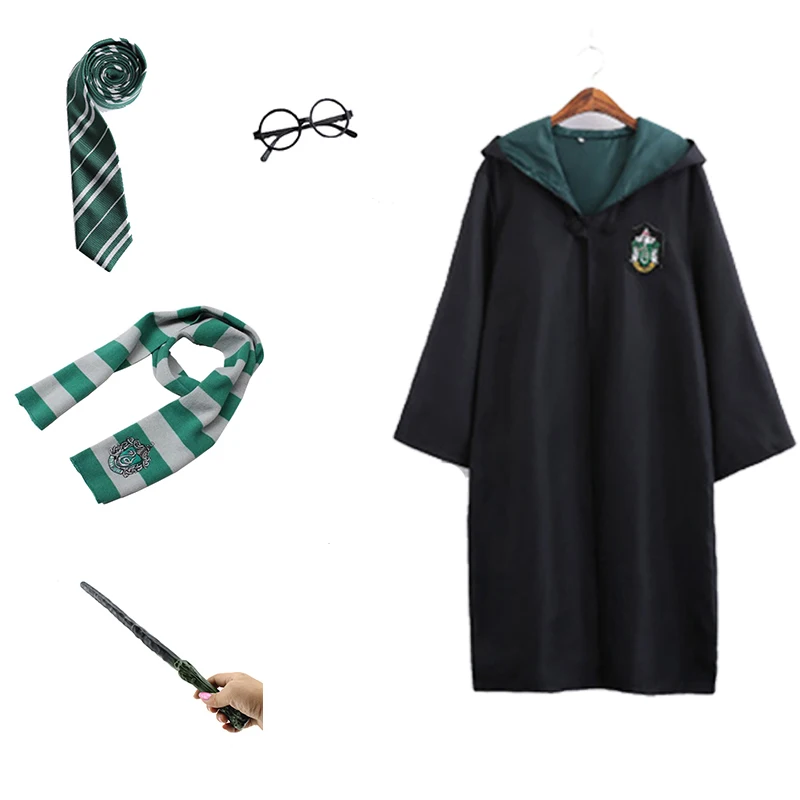 Slytherin Гарри Поттера плащ, костюм для косплея халат костюм с жакетом шарфом палочка очки Равенкло Гриффиндор, Хаффлпафф, школа Слизерин форма - Цвет: Slytherin
