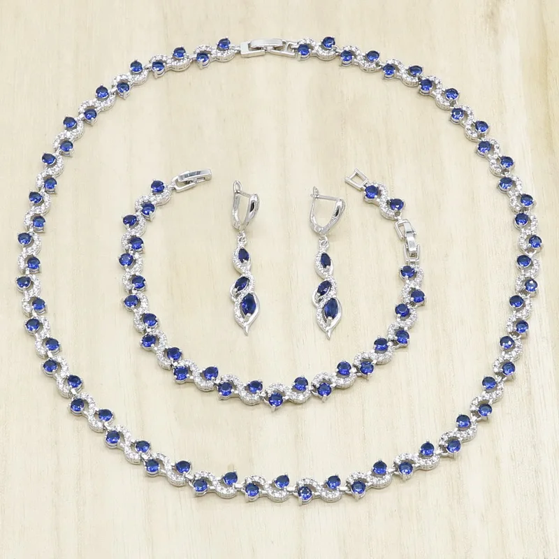 

Exquisite Royal Blue Semi-precious Silver Color Jewelry Sets for Women Bride Necklace Earrings Bracelet Wedding Birthday Gift