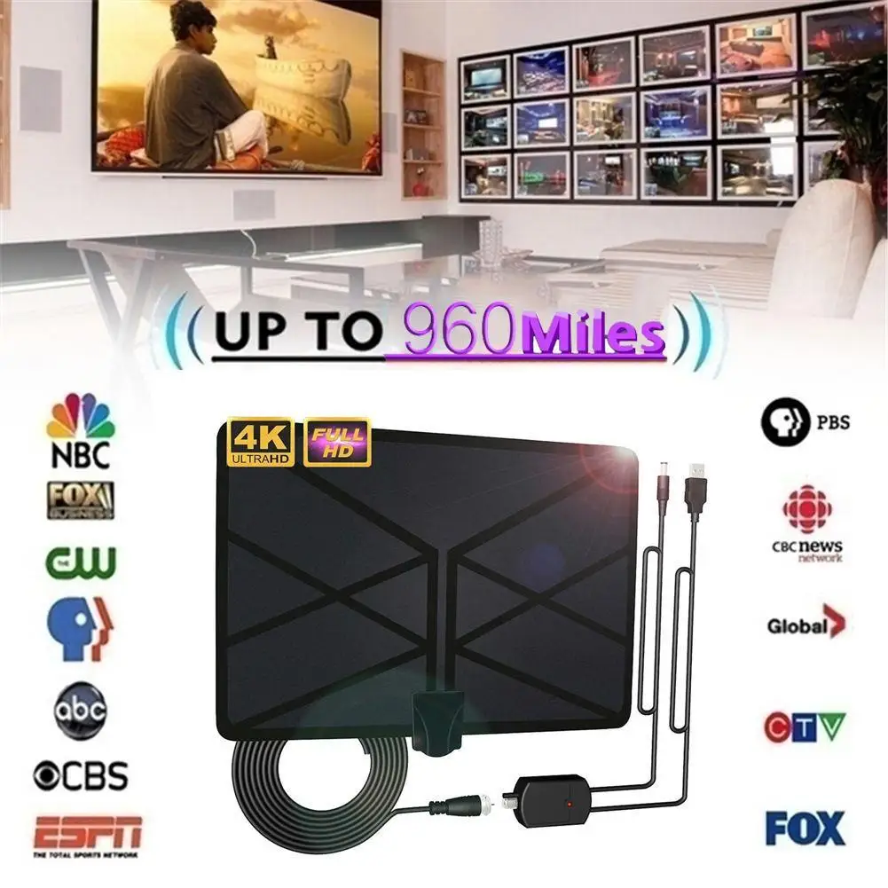 

Aerial Indoor Amplified Digital HDTV Antenna 960 Miles Range with 4K HD1080P DVB-T Freeview TV for Life Local Channels Broadcast