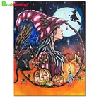 Полноразмернаякруглая 5d алмазная вышивка сделай сам с ведьмой и черной кошкой, алмазная живопись, Золотая Тыква, Хэллоуин, декор N1677