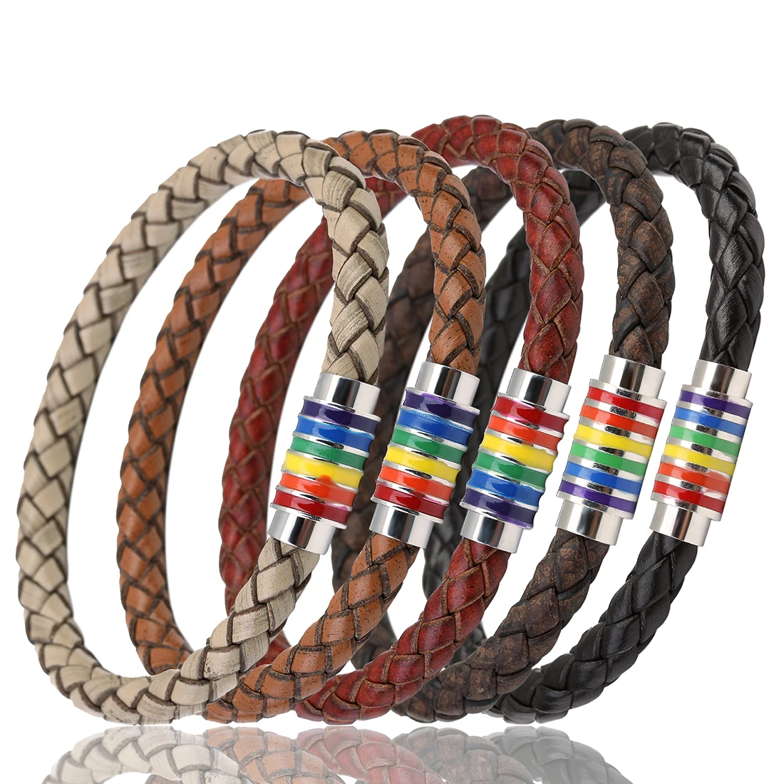 

Vintage Brown Round Braided Rope Leather Cord Bracelets with Rainbow Magnetic Clasps Charms for Men Women Jewelry