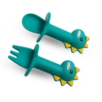 2pcsset silicone baby kids cartoon dinosaur soft spoon fork long and short style for baby feeding meal training