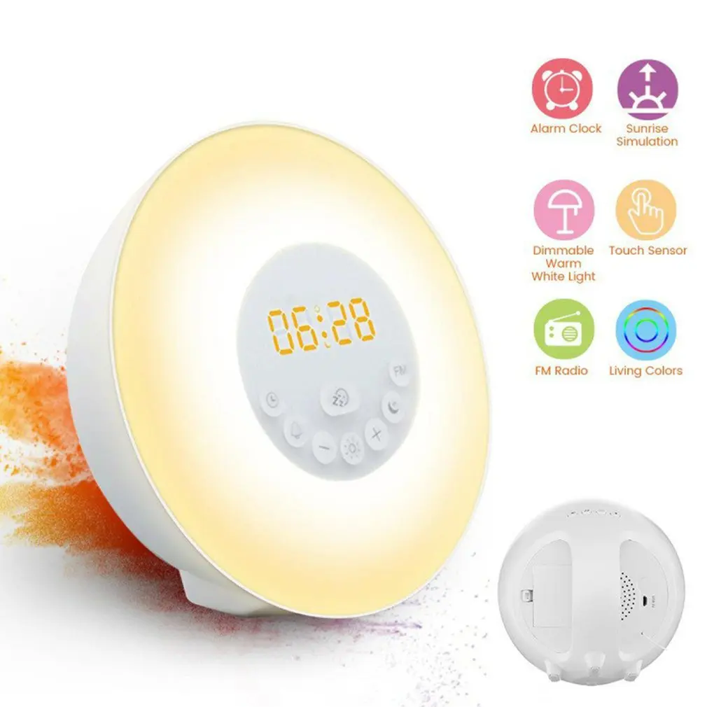 

7 Colors Sunrise Alarm Clock Wake-up Light LED FM Radio Bedside Night Lamp For Kids Adults Home Bedroom