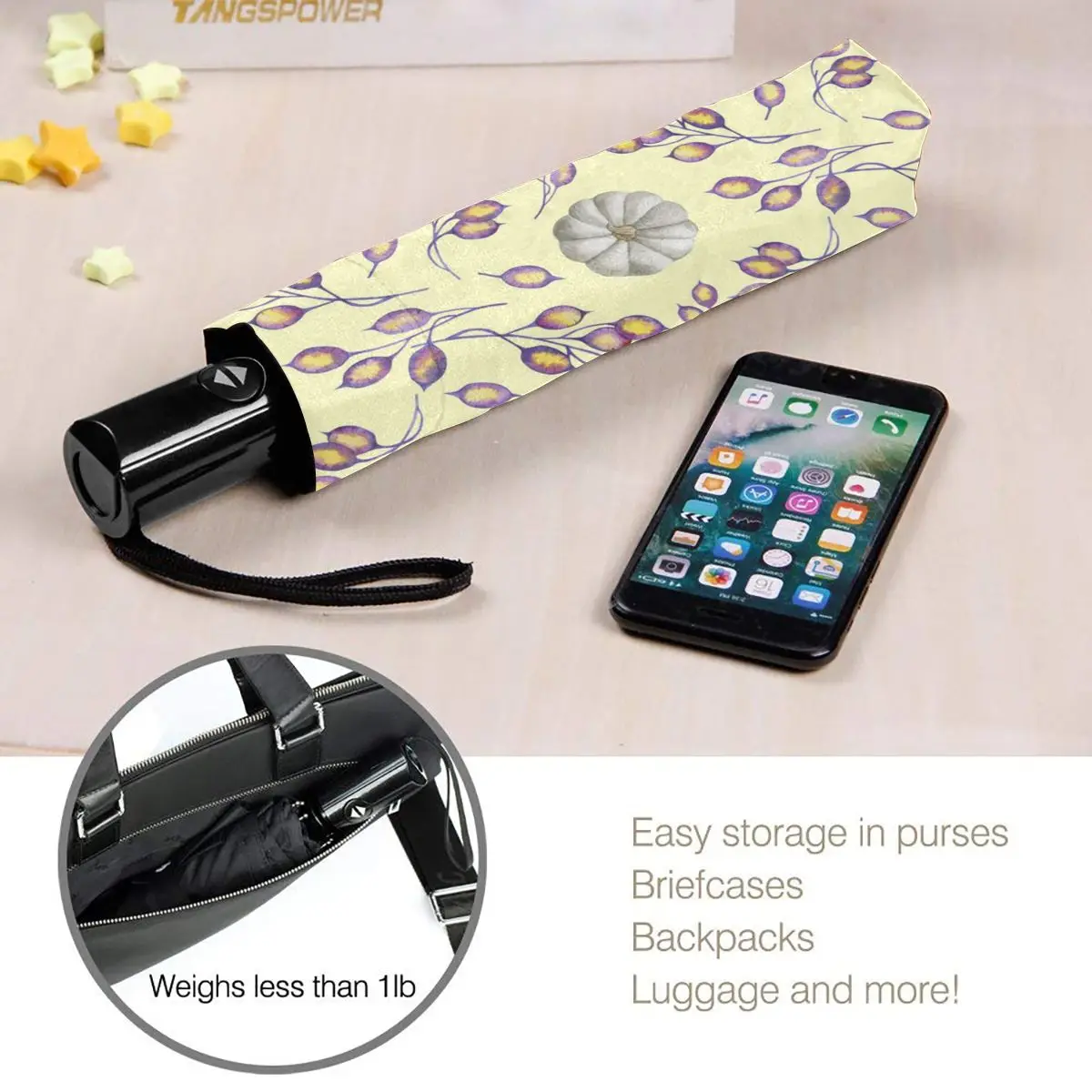 

Cream Pumpkins And Autumn Leaves And Berries Windproof Automatic Folding Inverted Umbrella Portable Paraguas for Man Woman