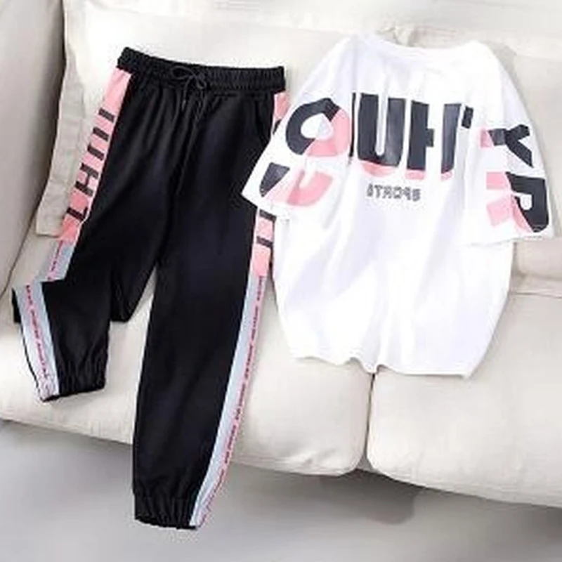 

Fashion Korean Casual Sports Pants Women Summer Harajuku Loose Letter Printed Tops+ Loose Sweatpants Joggers Student 2 Piece Set