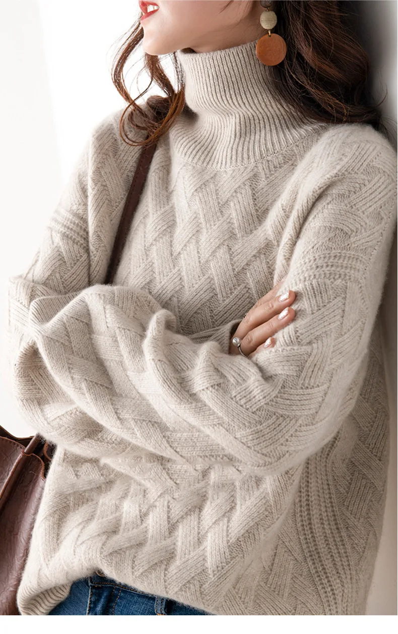 Women's 100% Real Wool Thick type Mock Neck Pullover Long Sleeve Sweater Top S M L XL YS007