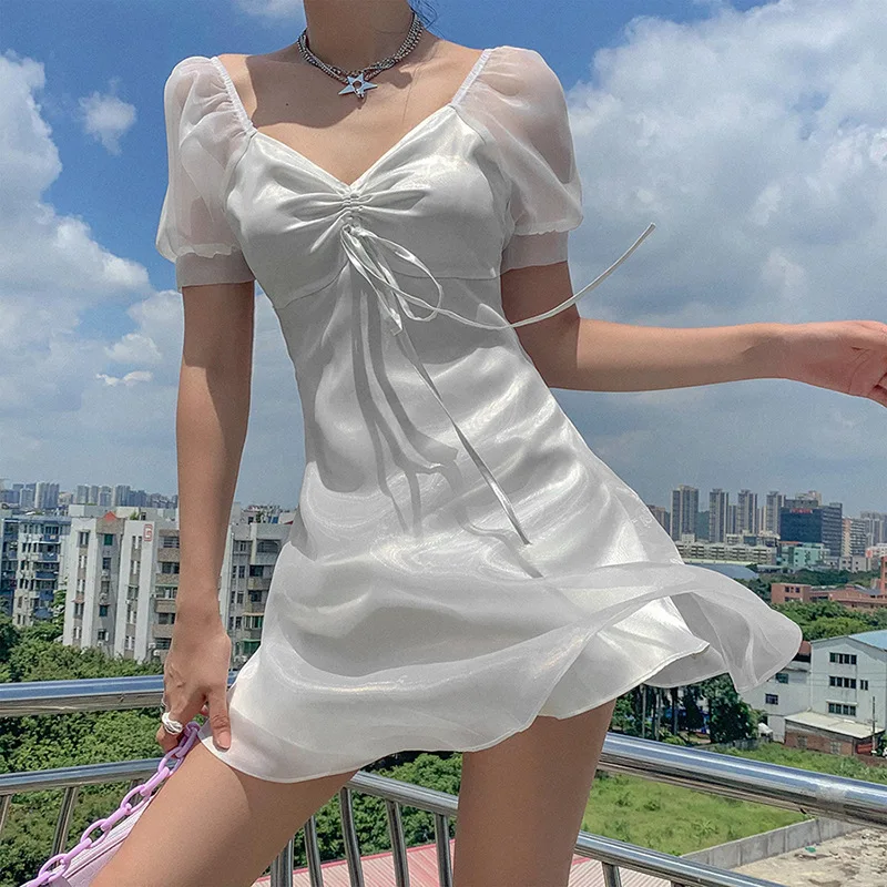 

2021 Fashion Women Summer Sundress Dress Harajuku Korean Style Sexy Elegantes Fairy White Dress Cottagecore Cute Kawaii Clothes