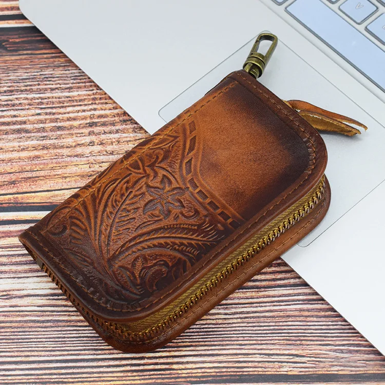 

Frist layer genuine leather emboss vintage wallet keychain pouch car key case