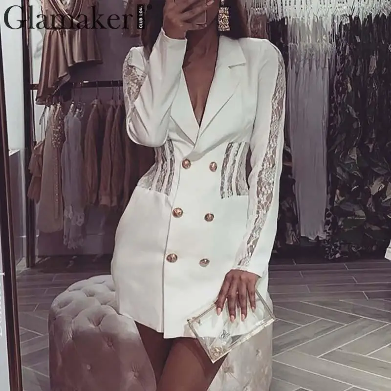 Glamaker, Сексуальное Лоскутное Платье-Блейзер, женское белое двубортное осеннее короткое платье, женские элегантные зимние вечерние платья, облегающее платье
