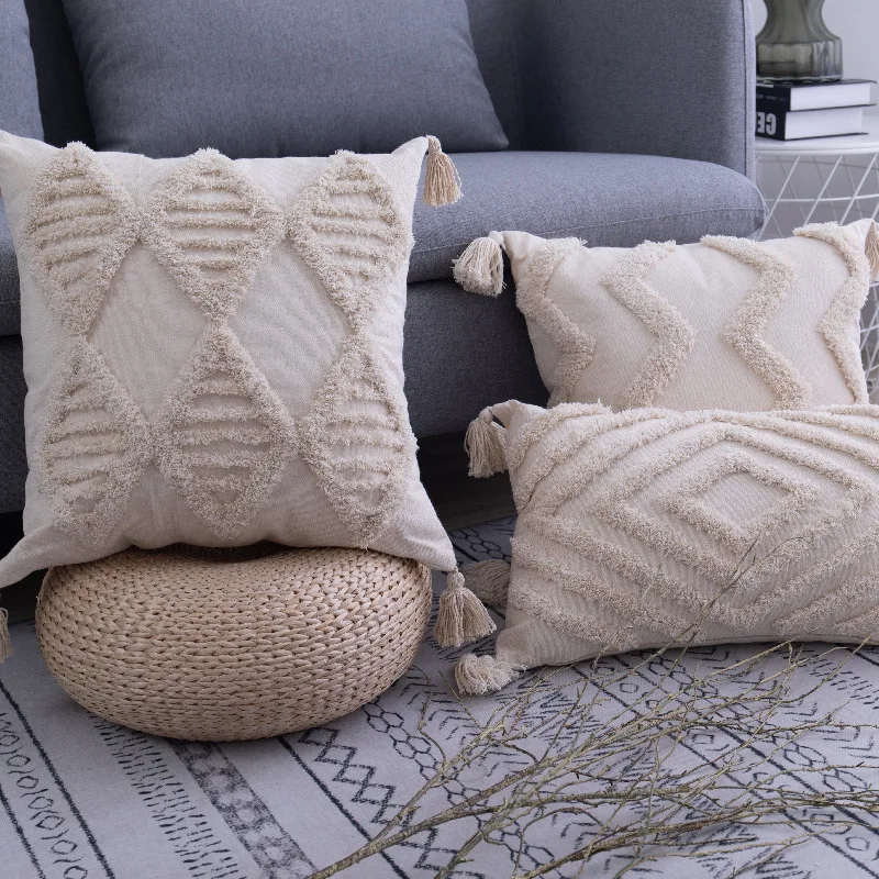 

Tassels Decorative Cushion Cover 45x 45cm Beige Sofa Pillow Case Cover Handmade Home Decoration for living Room Bed