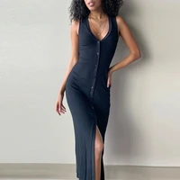sexy front split overalls ribbed dress summer skinny party buttons office lady work formal 2021 women knitted black midi dress