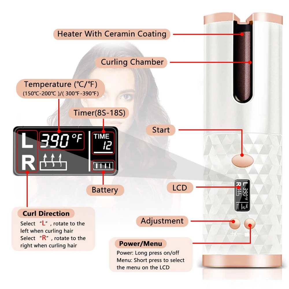

Cordless Automatic Hair Curler Portable Curling Wand for Hair Styling Anytime Auto Hair Curler with 6 Temperature Timer Setting