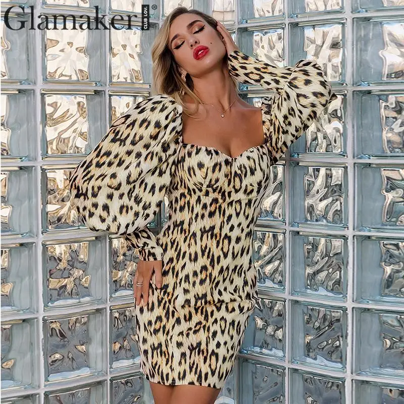 Женское платье мини с леопардовым принтом Glamaker винтажное облегающее длинными