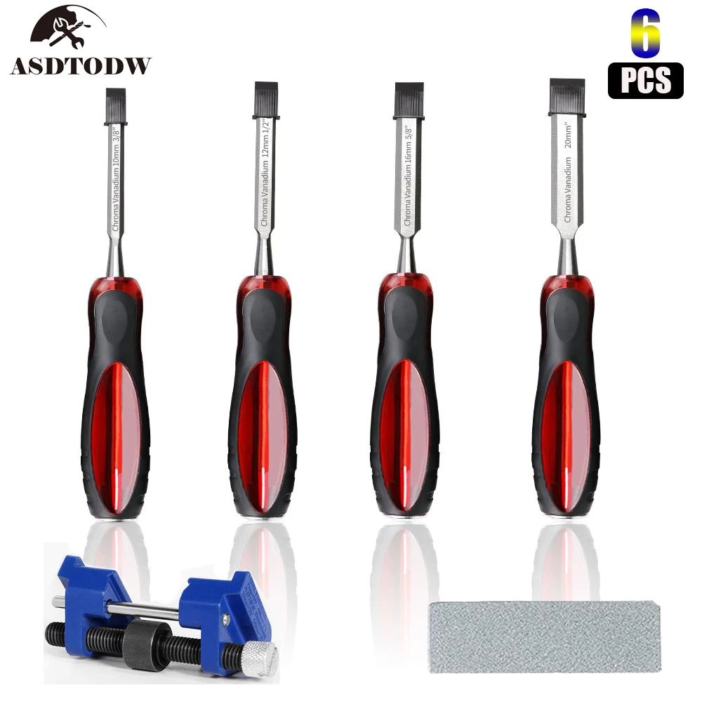 Carpentry Flat Wood Chisel Set include 4PCS Chrome Vanadium Steel Chisels10/12/16/20mm ,1 Honing Guide and 1 Sharpening stone