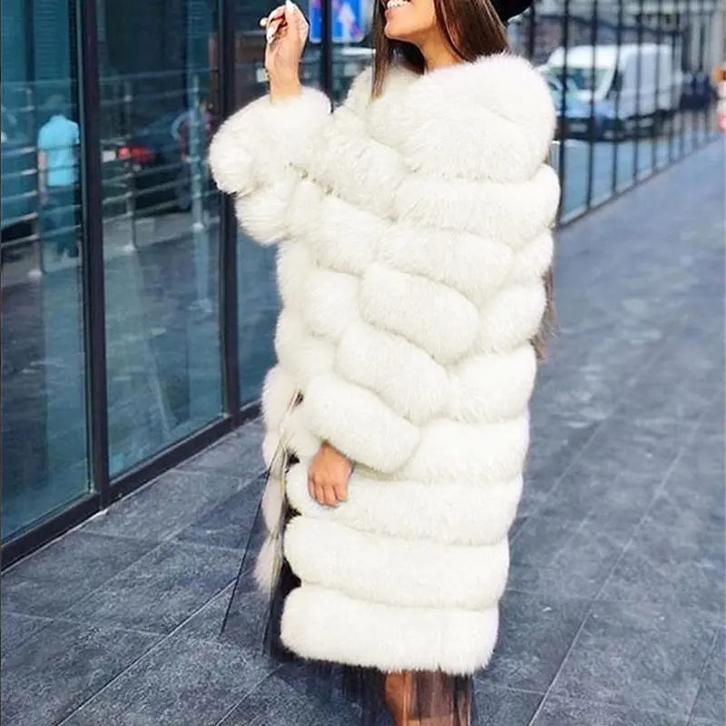 2022 White Thick Warm Fur Outerwear Plus Size 3XL Long Sleeve O-neck Jacket Winter Fashion Women Faux Fur Furry Coat Overcoat